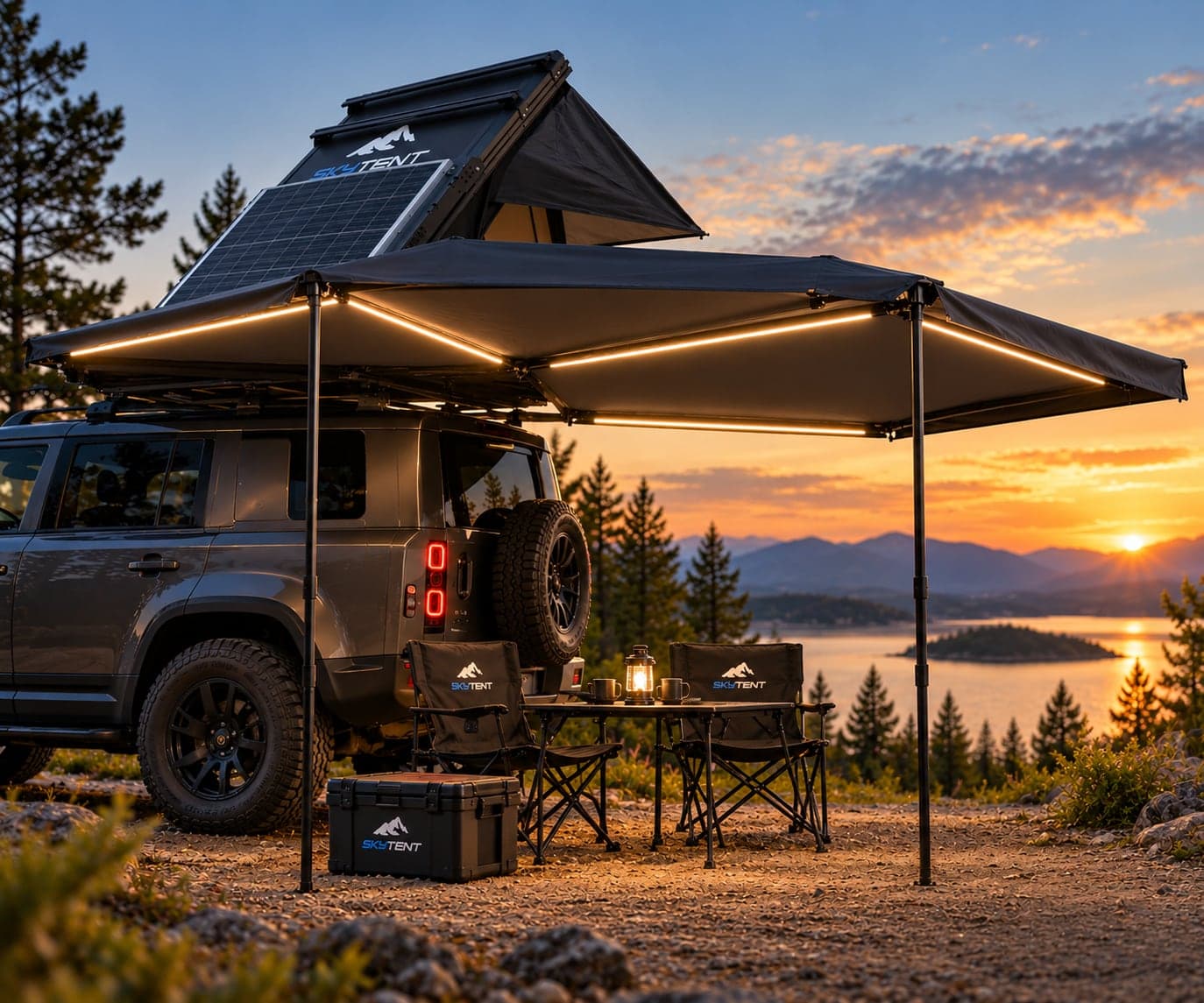 SkyTent katusetelk ja 180° varikatus maasturi katusel päikeseloojangul